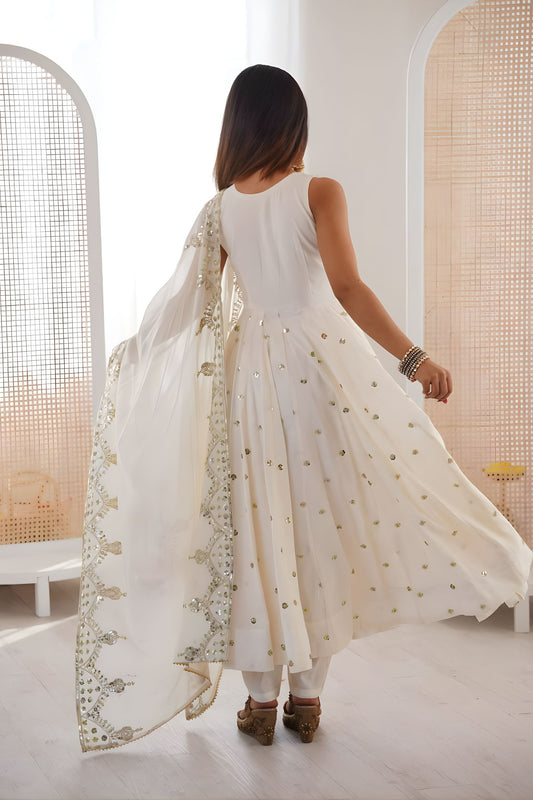 Off White Roman Silk Embroidered Anarkali Suit with Heavy Sequin Work Dupatta
