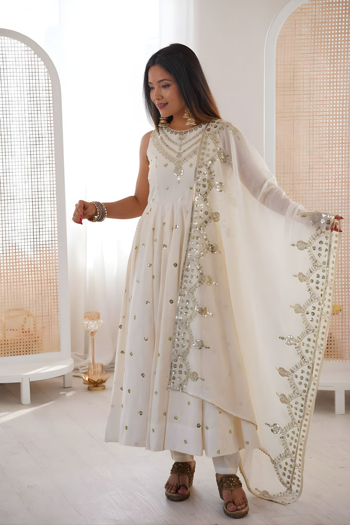Off White Roman Silk Embroidered Anarkali Suit Heavy Sequin Work Dupatta