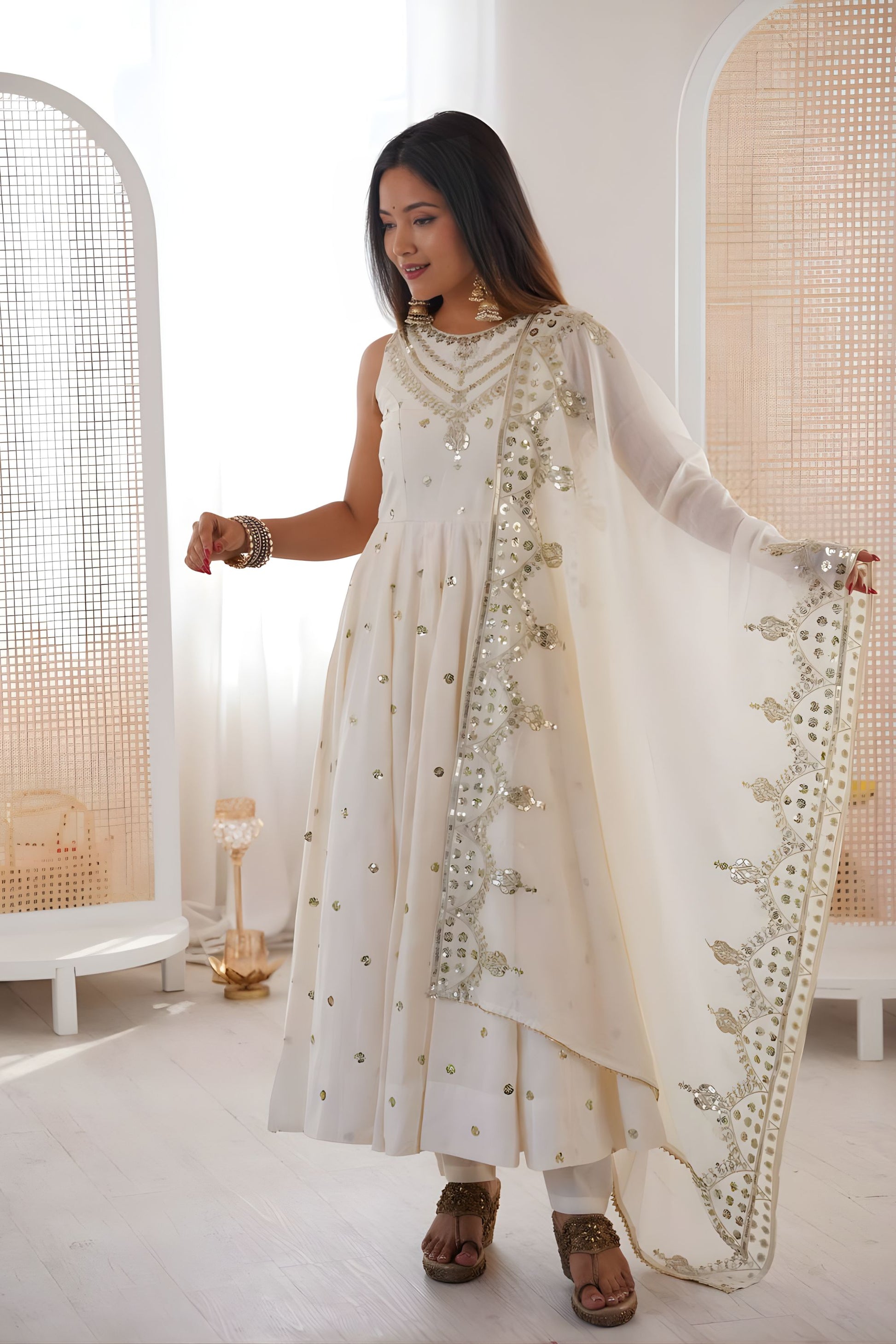 Off White Roman Silk Embroidered Anarkali Suit Heavy Sequin Work Dupatta