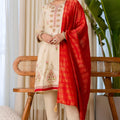 Elegant Beige Silk Blend Embroidered Salwar Suit Designer Red Dupatta