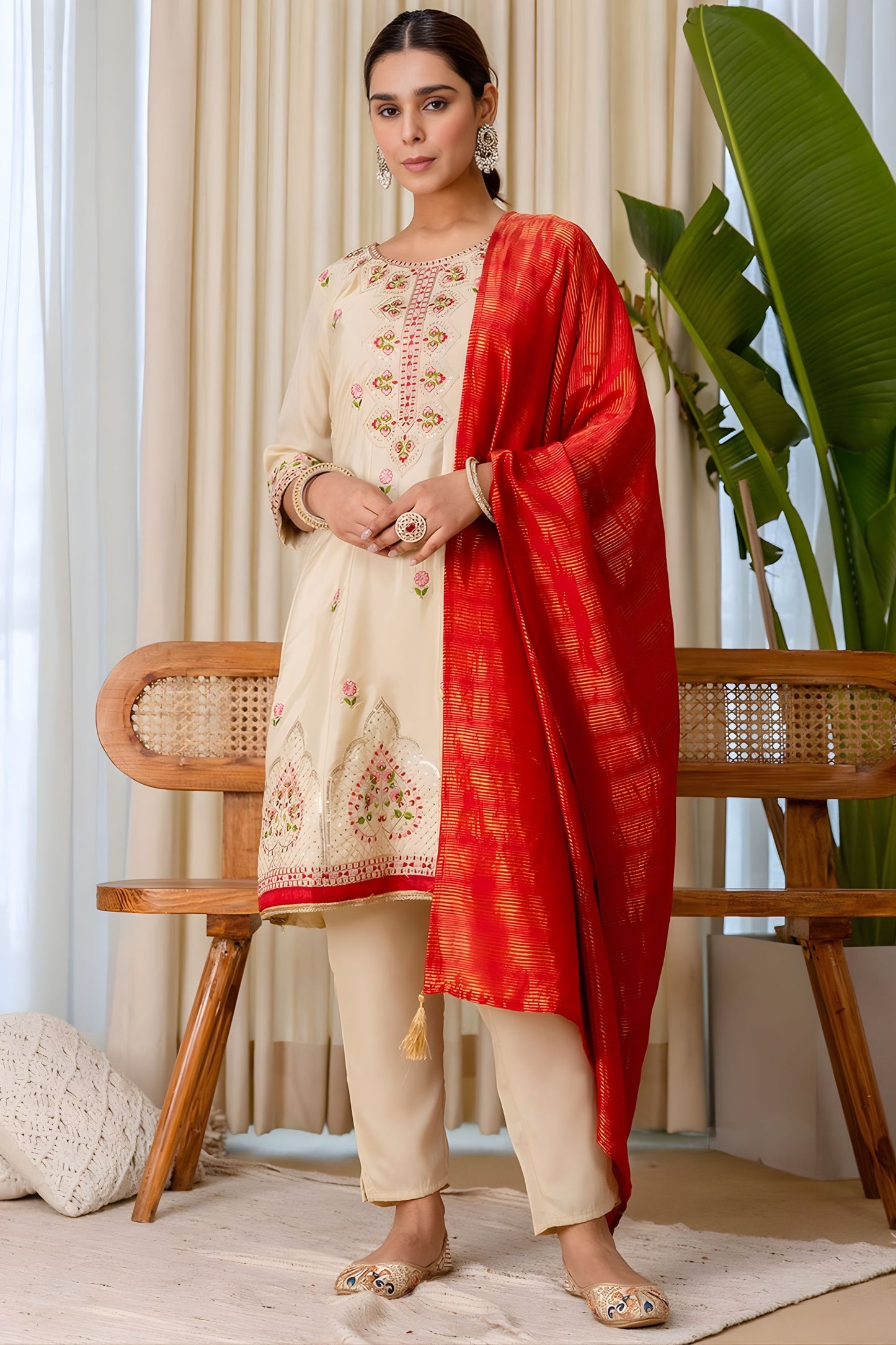 Elegant Beige Silk Blend Embroidered Salwar Suit Designer Red Dupatta