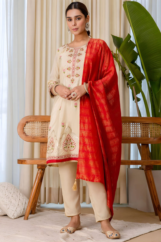 Elegant Beige Silk Blend Embroidered Salwar Suit Designer Red Dupatta