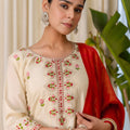 Elegant Beige Silk Blend Embroidered Salwar Suit Designer Red Dupatta