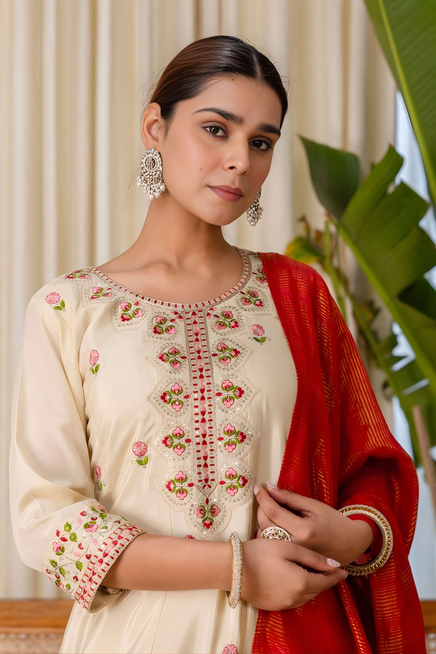 Elegant Beige Silk Blend Embroidered Salwar Suit Designer Red Dupatta