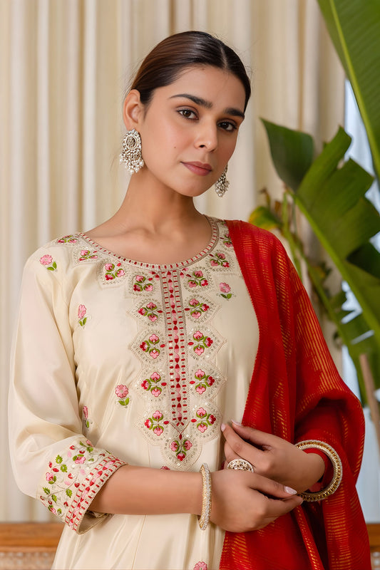 Elegant Beige Silk Blend Embroidered Salwar Suit Designer Red Dupatta