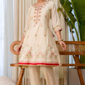 Elegant Off White Silk Blend Embroidered Salwar Suit Designer Red Dupatta