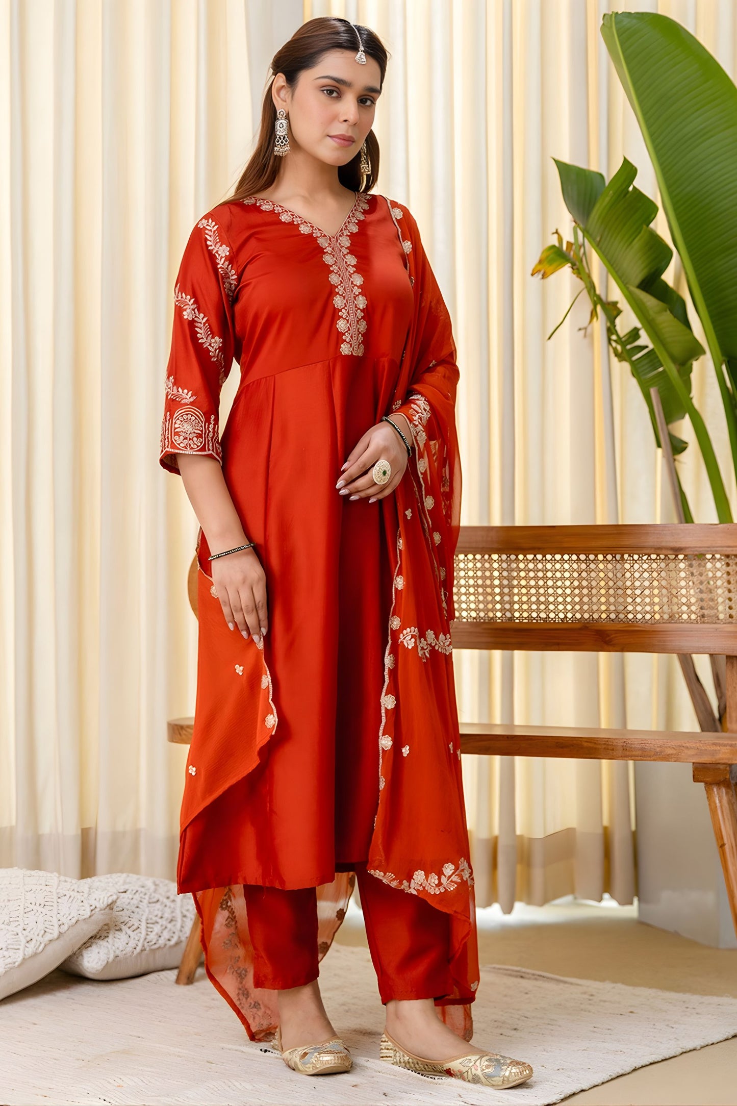 Beautifull Rust Orange Silk Blend Embroidered Anarkali Salwar Suit Designer Dupatta