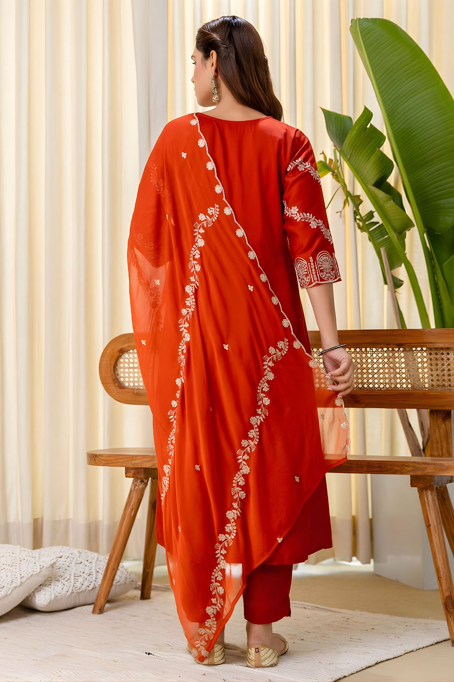 Beautifull Rust Orange Silk Blend Embroidered Anarkali Salwar Suit Designer Dupatta