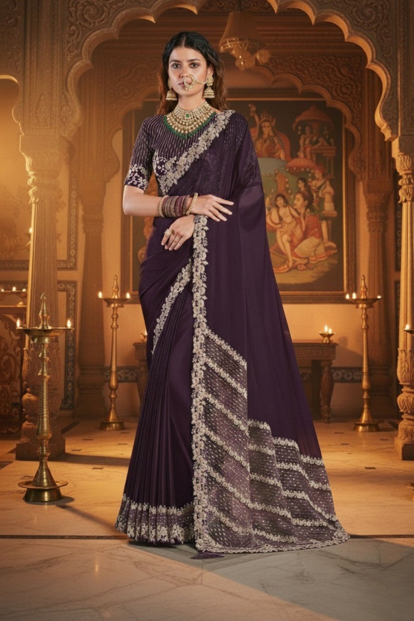 Designer Purple Silk Saree Matching Blouse Ethnic Wear 