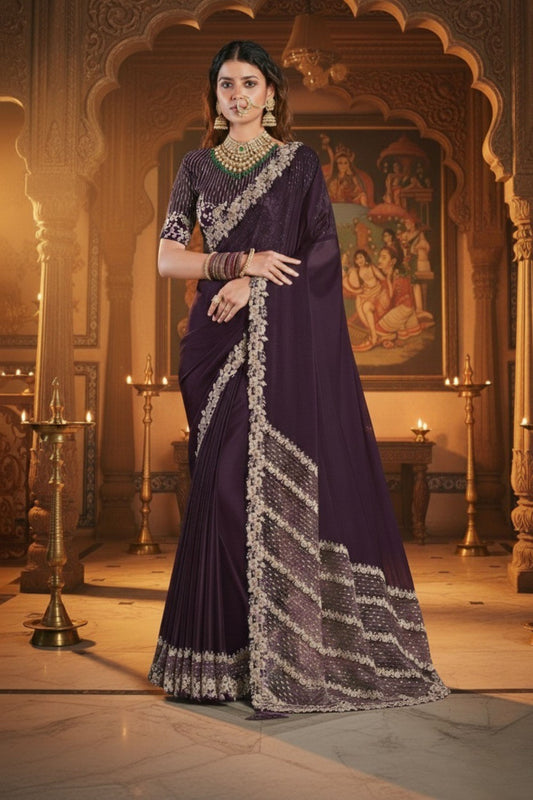 Designer Purple Silk Saree Matching Blouse Ethnic Wear 