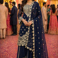 Premium Real Georgette Navy Blue Embroidered Sharara Suit Designer Dupatta