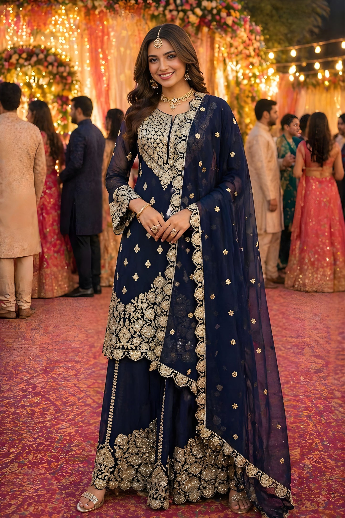 Premium Real Georgette Navy Blue Embroidered Sharara Suit Designer Dupatta