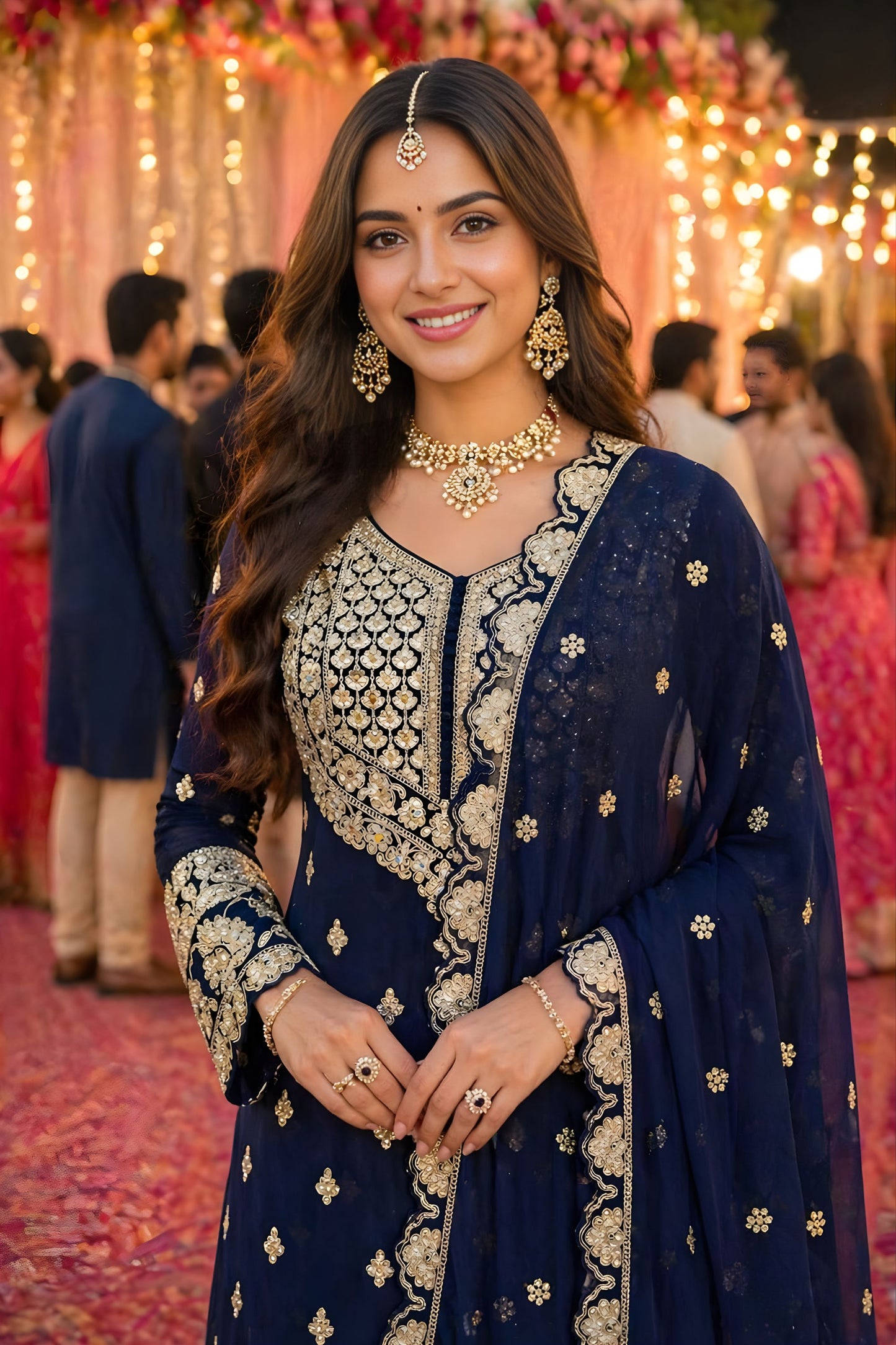Premium Real Georgette Navy Blue Embroidered Sharara Suit Designer Dupatta