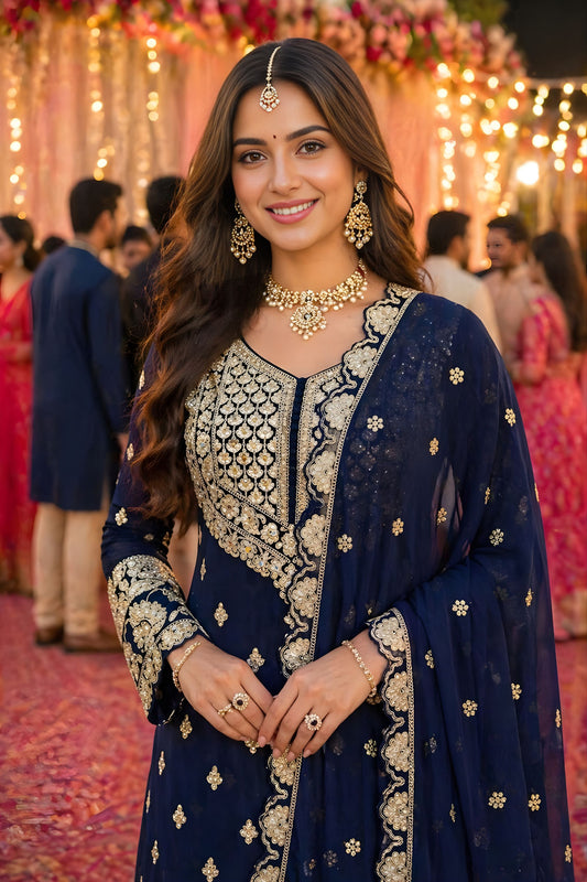 Premium Real Georgette Navy Blue Embroidered Sharara Suit Designer Dupatta