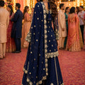 Premium Real Georgette Navy Blue Embroidered Sharara Suit Designer Dupatta