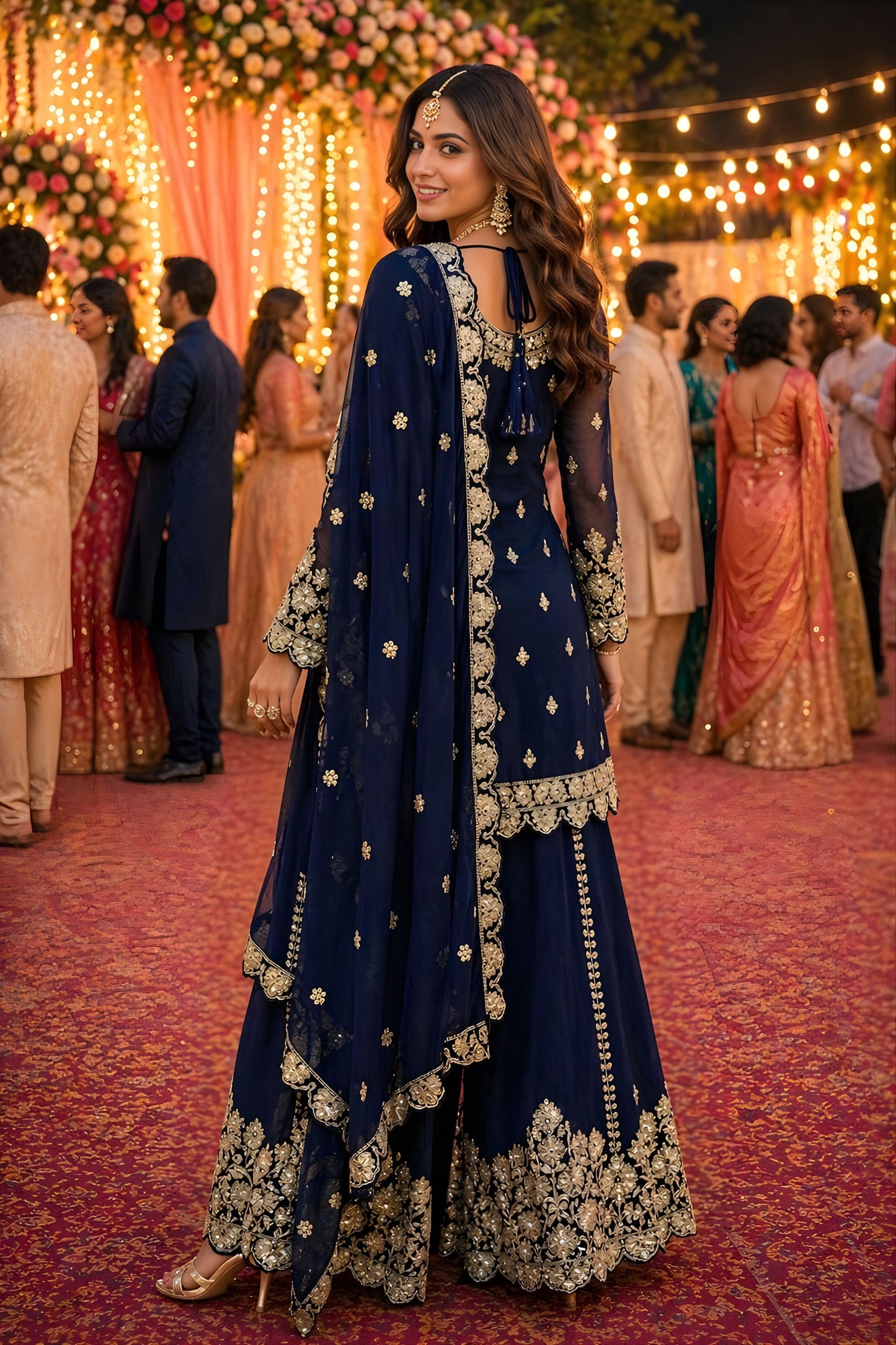 Premium Real Georgette Navy Blue Embroidered Sharara Suit Designer Dupatta
