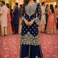 Premium Real Georgette Navy Blue Embroidered Sharara Suit Designer Dupatta