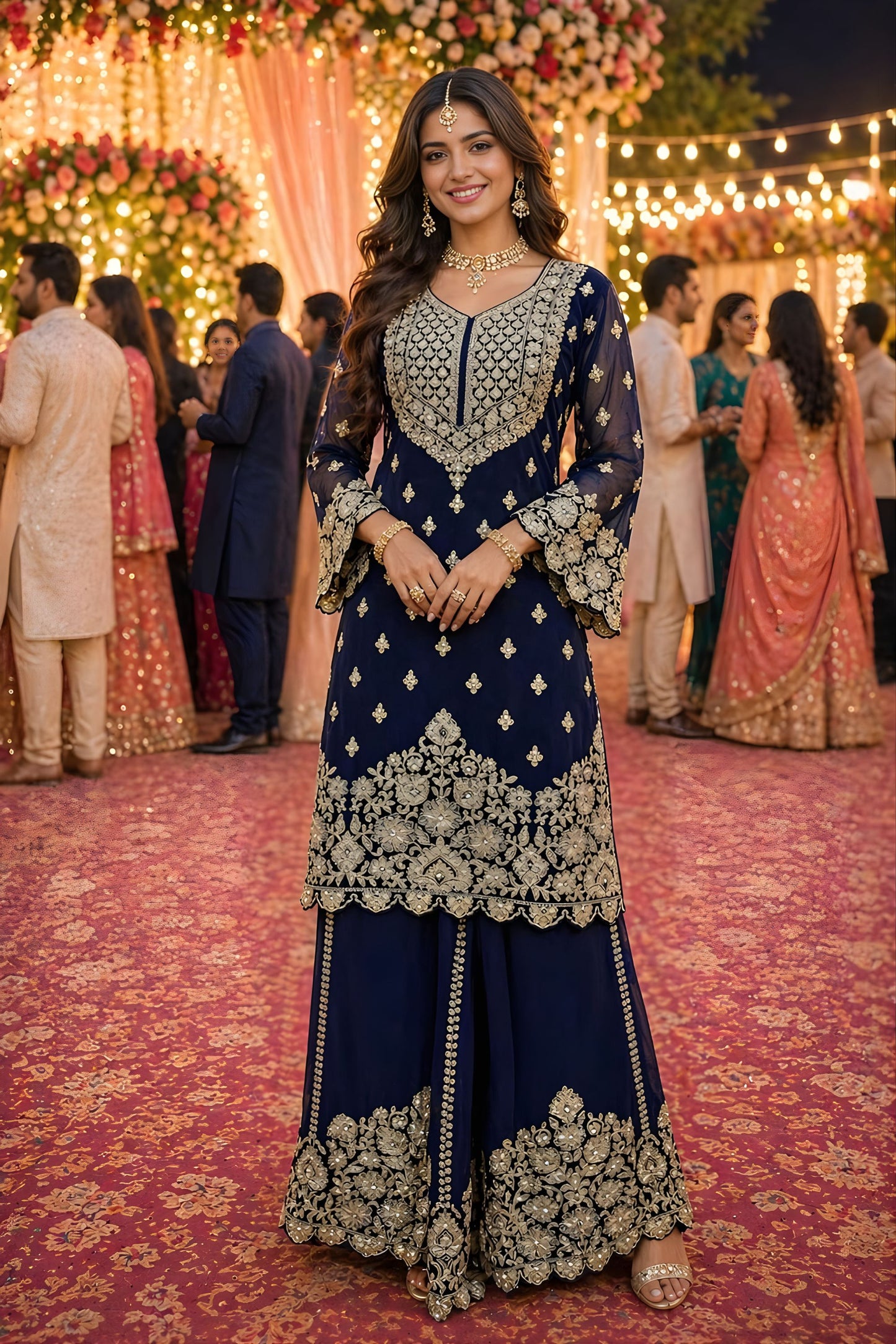 Premium Real Georgette Navy Blue Embroidered Sharara Suit Designer Dupatta