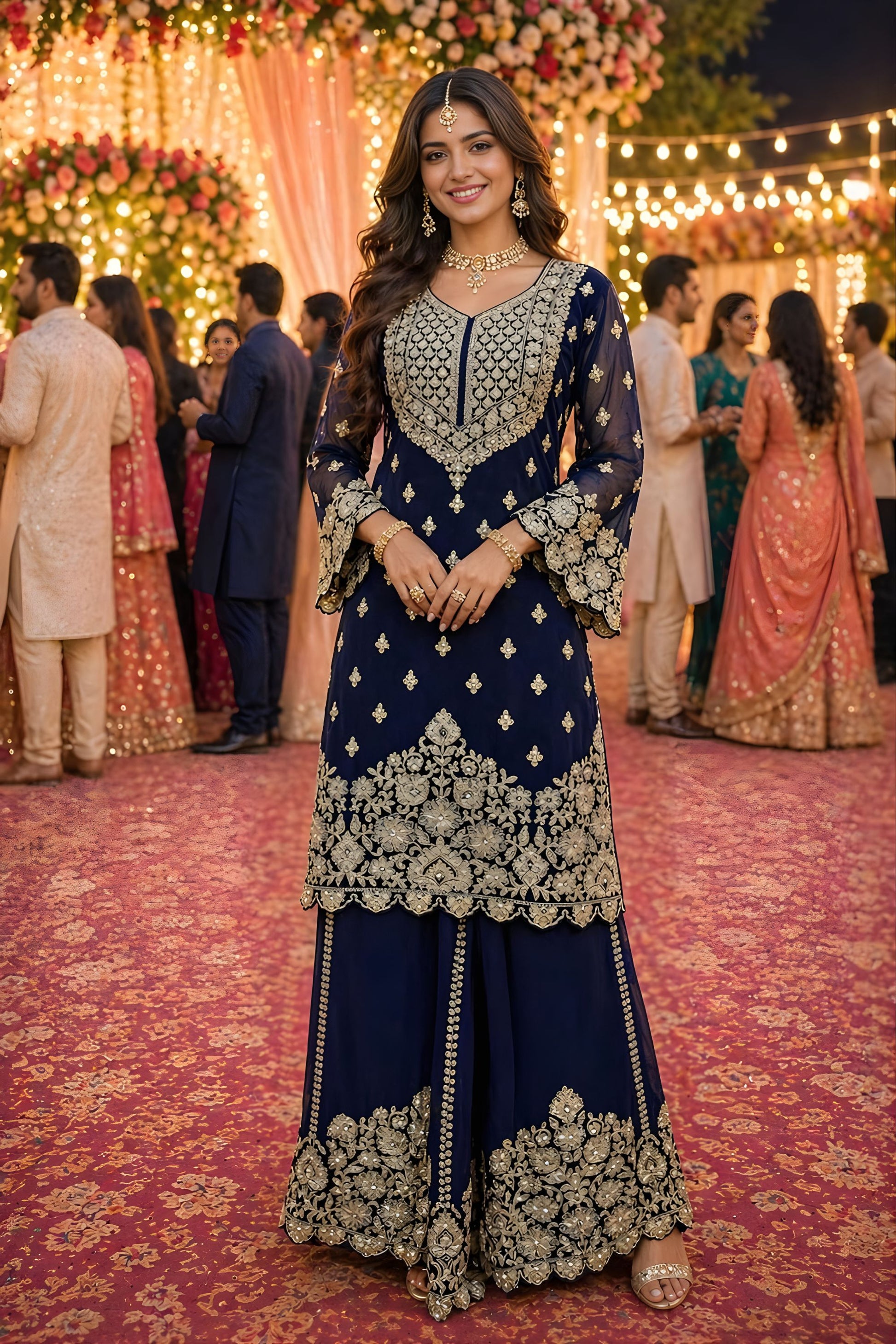Premium Real Georgette Navy Blue Embroidered Sharara Suit Designer Dupatta