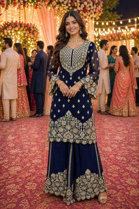 Premium Real Georgette Navy Blue Embroidered Sharara Suit Designer Dupatta