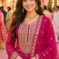 Beautifull Real Georgette Rani Pink Embroidered Sharara Suit Designer Dupatta