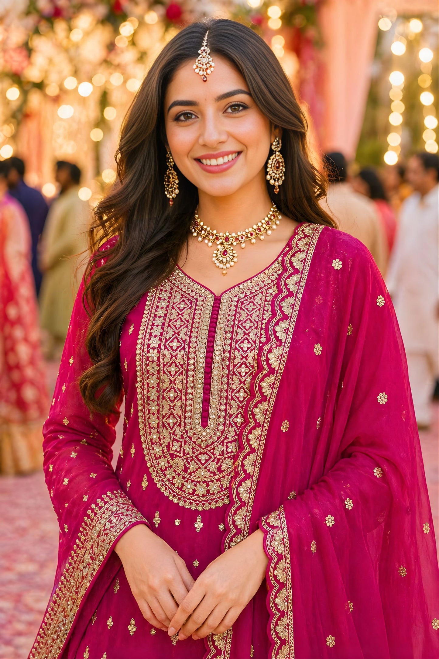 Beautifull Real Georgette Rani Pink Embroidered Sharara Suit Designer Dupatta