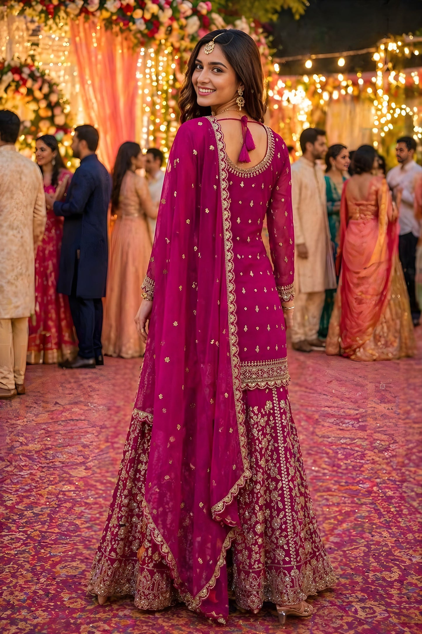 Beautifull Real Georgette Rani Pink Embroidered Sharara Suit Designer Dupatta
