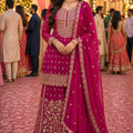 Beautifull Real Georgette Rani Pink Embroidered Sharara Suit Designer Dupatta