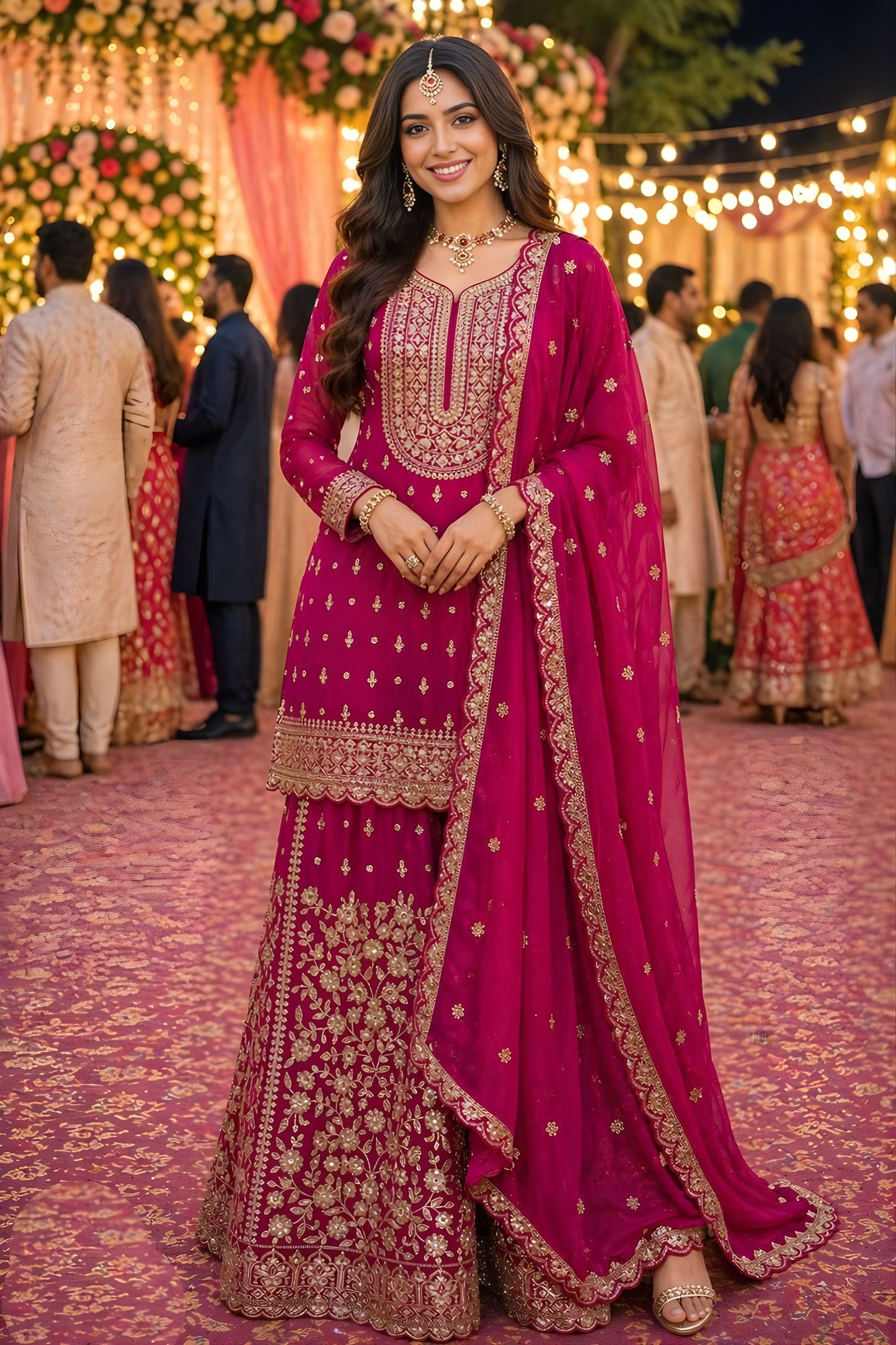 Beautifull Real Georgette Rani Pink Embroidered Sharara Suit Designer Dupatta
