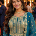 Royal Teal Blue Georgette Embroidered Sharara Suit Designer Dupatta