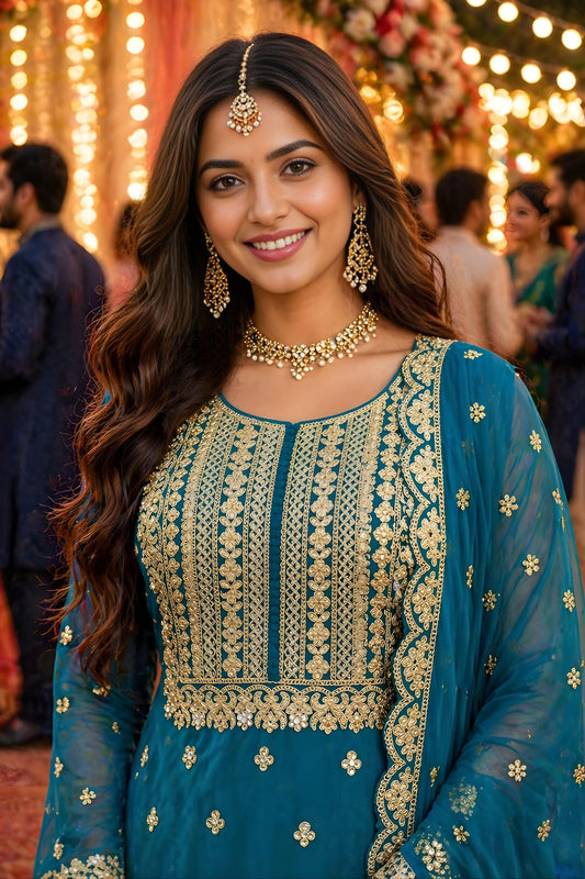 Royal Teal Blue Georgette Embroidered Sharara Suit Designer Dupatta