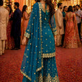 Royal Teal Blue Georgette Embroidered Sharara Suit Designer Dupatta