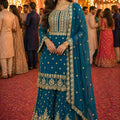 Royal Teal Blue Georgette Embroidered Sharara Suit Designer Dupatta
