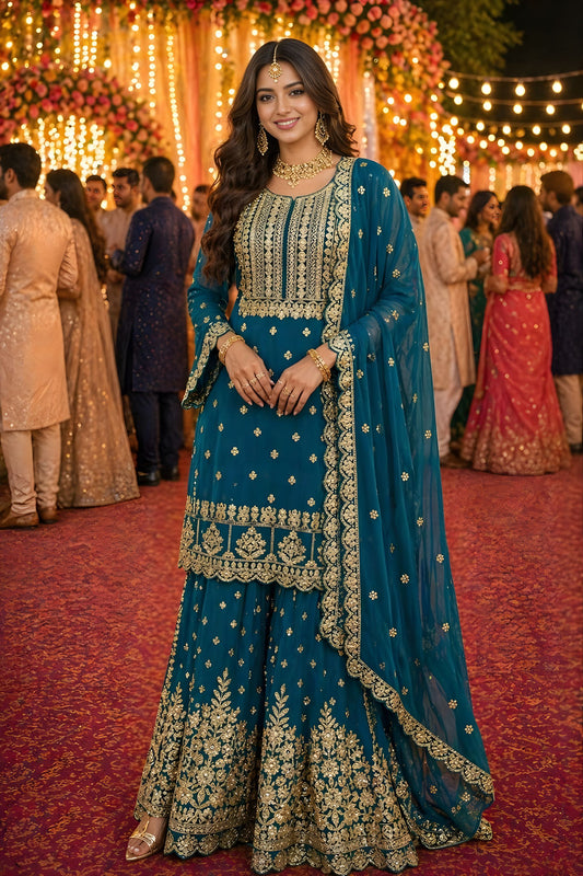 Royal Teal Blue Georgette Embroidered Sharara Suit Designer Dupatta