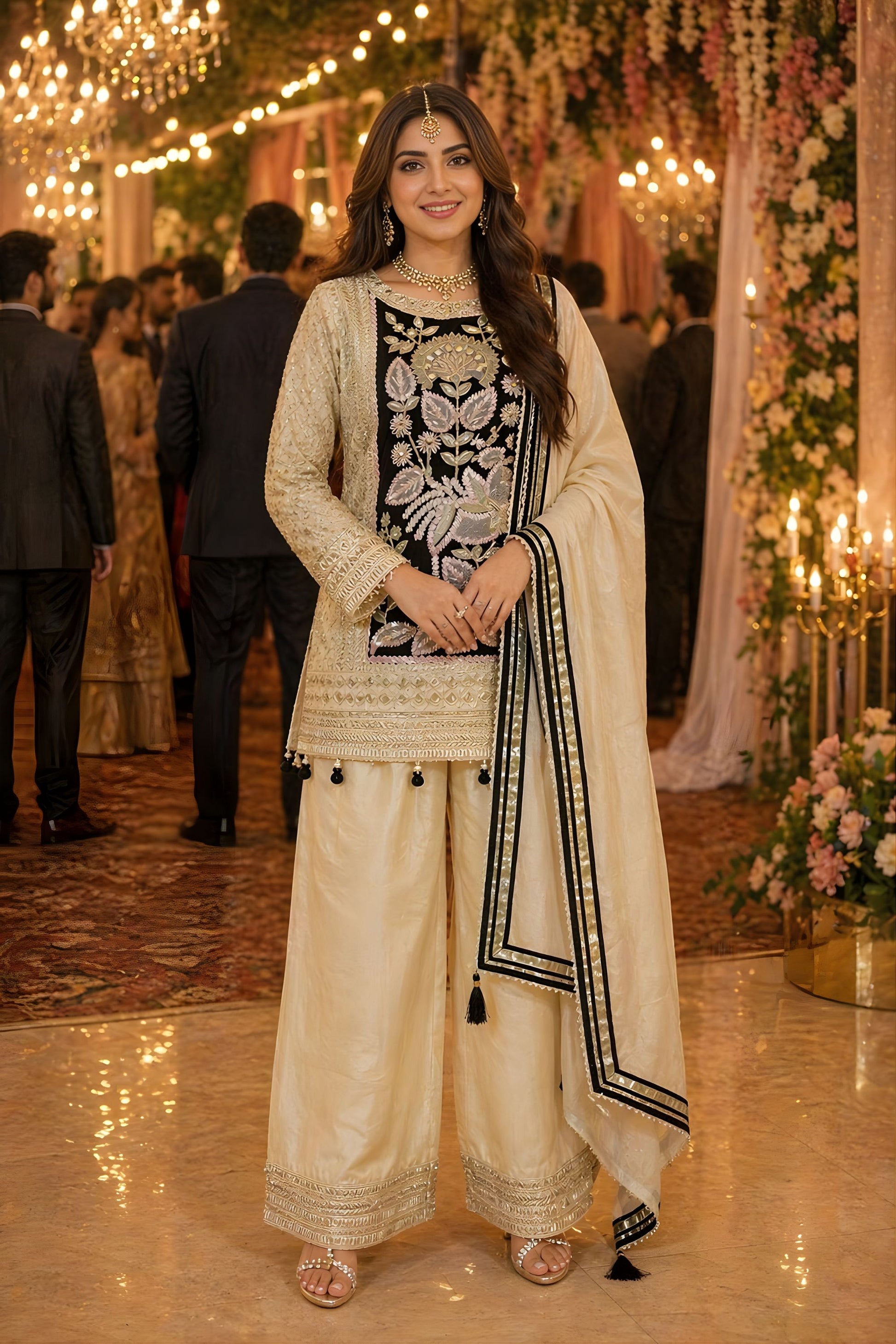 Elegant Cream Embroidered Palazzo Suit Designer Dupatta for Women