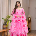 Elegant Pink Floral Printed Organza Anarkali Suit Set with Dupatta for Women