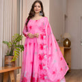 Elegant Pink Floral Printed Organza Anarkali Suit Set with Dupatta for Women