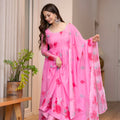 Elegant Pink Floral Printed Organza Anarkali Suit Set with Dupatta for Women