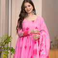 Elegant Pink Floral Printed Organza Anarkali Suit Set with Dupatta for Women
