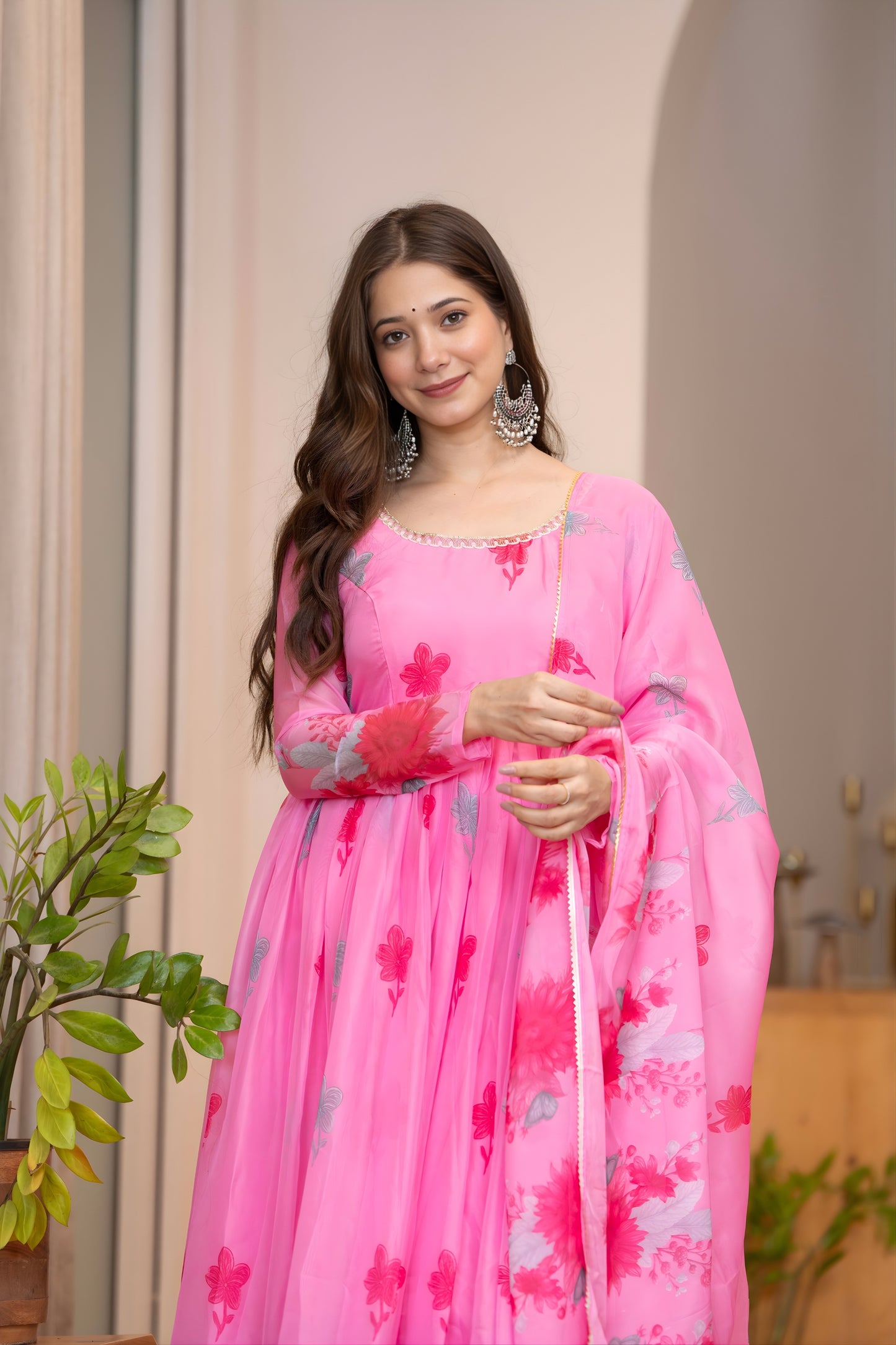 Elegant Pink Floral Printed Organza Anarkali Suit Set with Dupatta for Women