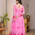 Elegant Pink Floral Printed Organza Anarkali Suit Set with Dupatta for Women