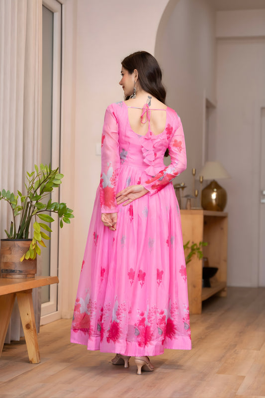 Elegant Pink Floral Printed Organza Anarkali Suit Set with Dupatta for Women