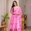 Elegant Pink Floral Printed Organza Anarkali Suit Set with Dupatta for Women