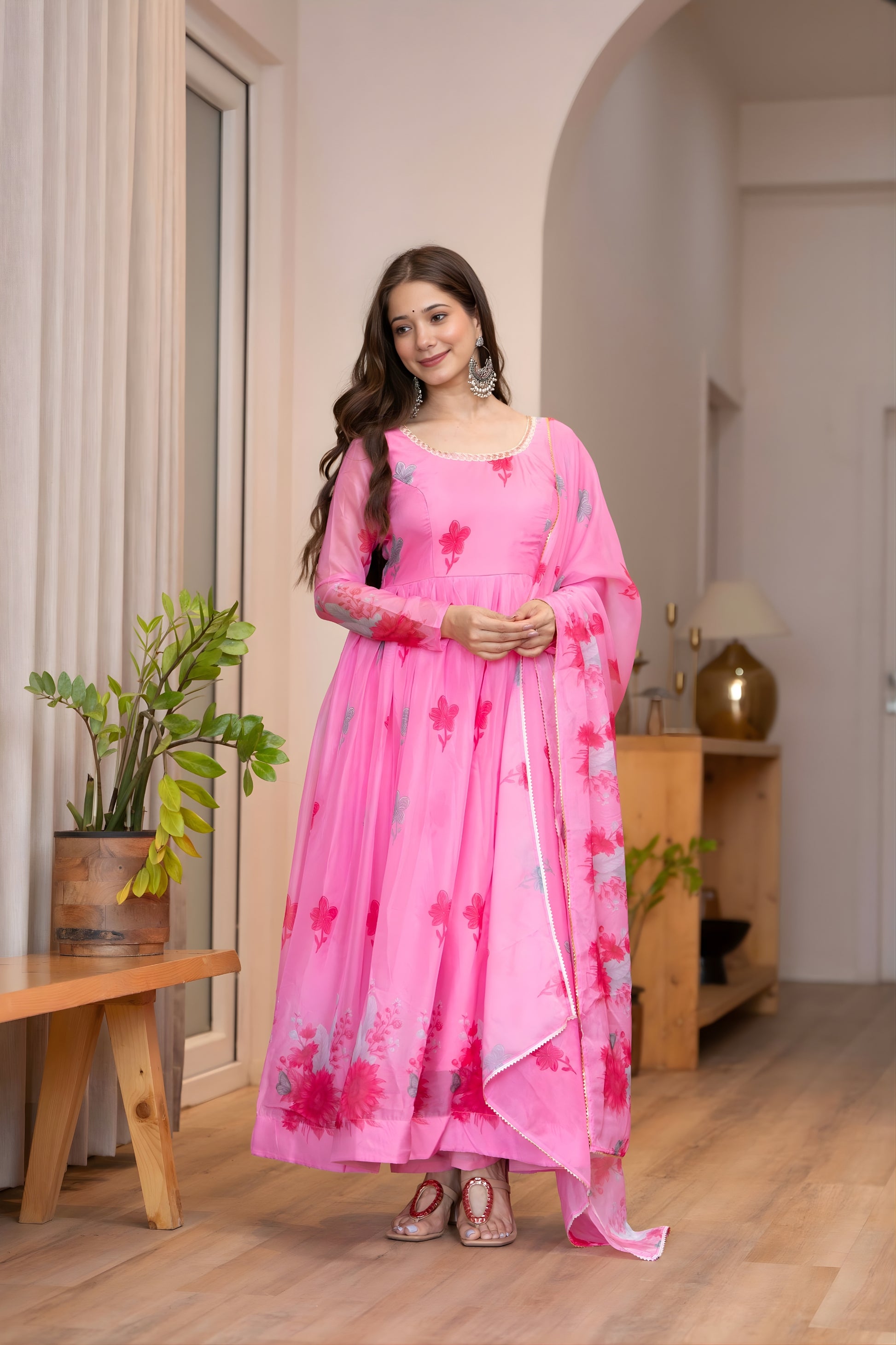 Elegant Pink Floral Printed Organza Anarkali Suit Set with Dupatta for Women
