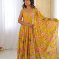 Stylish Mustard Yellow Floral Printed Muslin Anarkali Suit Set with Dupatta for Women