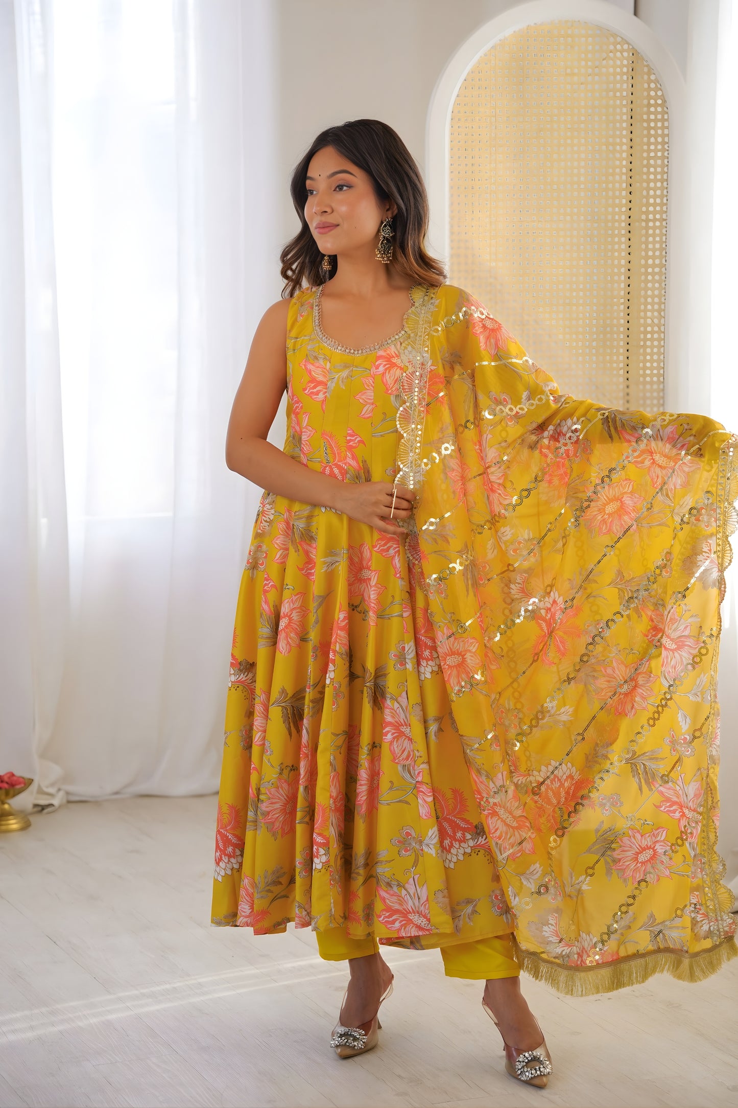 Stylish Mustard Yellow Floral Printed Muslin Anarkali Suit Set with Dupatta for Women