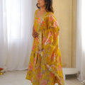 Stylish Mustard Yellow Floral Printed Muslin Anarkali Suit Set with Dupatta for Women