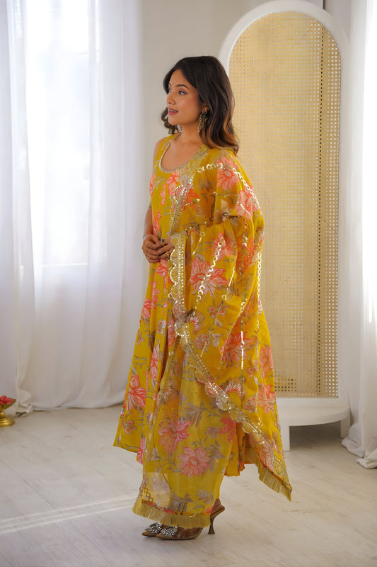 Stylish Mustard Yellow Floral Printed Muslin Anarkali Suit Set with Dupatta for Women