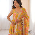 Stylish Mustard Yellow Floral Printed Muslin Anarkali Suit Set with Dupatta for Women