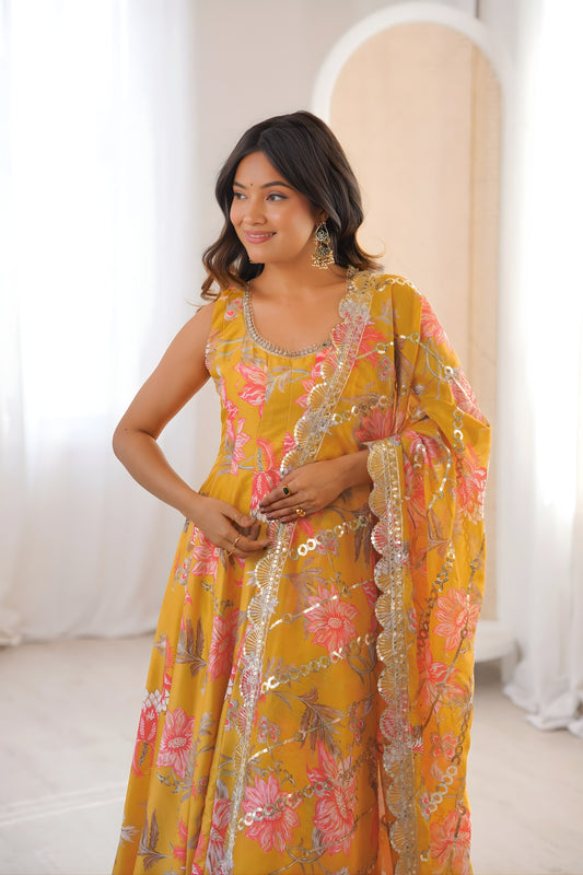 Stylish Mustard Yellow Floral Printed Muslin Anarkali Suit Set with Dupatta for Women